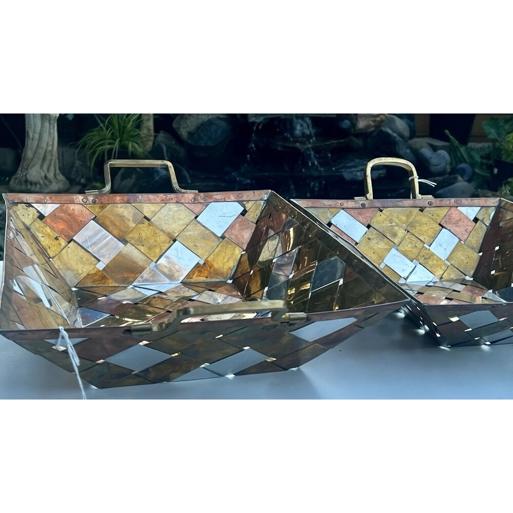 1995 Vintage Brass, Copper, Silver Weave Basket Set INTERNATIONAL SILVER CO